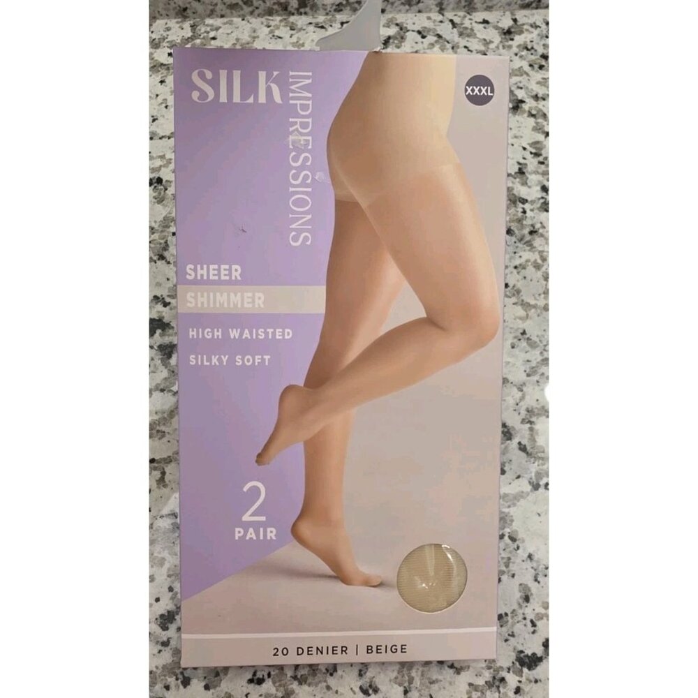 Silk Impressions 2 Pair XXXL Sheer‎ Shimmer Pantyhose 20 Denier Beige